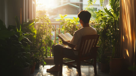 A person enjoys reading a book surrounded by plants on a sunny balcony in the eveningの素材