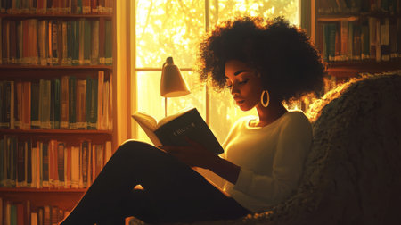 A woman with curly hair reads a book in a sunlit library during the afternoonの素材