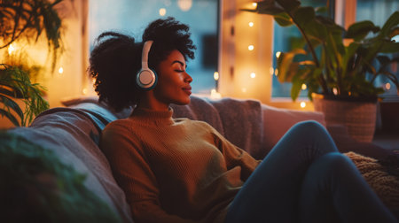 A woman relaxes on couch in dimly lit living room, wearing headphones and enjoying musicの素材