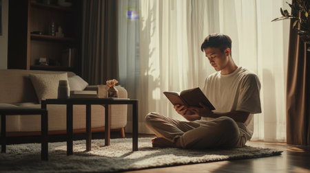A man sits on the floor reading a book in the afternoon sunの素材