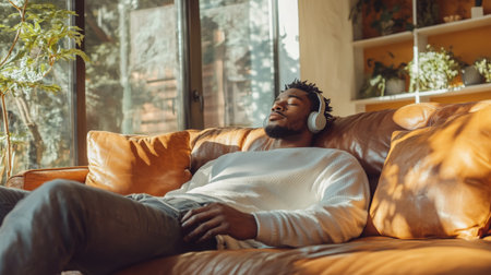 A young man relaxes on a couch while listening to music through headphones in living roomの素材