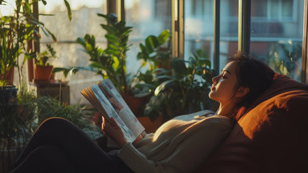 A woman relaxes while reading a magazine in sunlit indoor garden during the late afternoonの素材