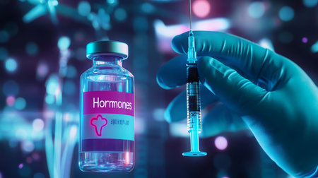 Laboratory hand holding syringe and hormone vial during scientific research at nightの素材