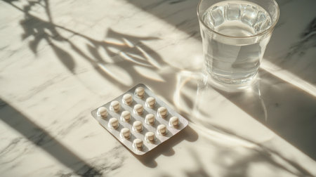 Pills on a marble surface with a glass of water and soft shadows in natural lightの素材