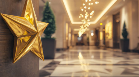 Golden star decoration at a luxurious hotel entrance with warm lighting in the hallwayの素材