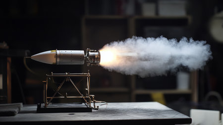 Model rocket engine testing in a workshop with smoke and flame effectsの素材