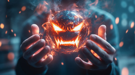 Mysterious figure holds glowing orb emanating an eerie fire at night in dark urban settingの素材