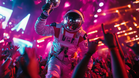 A costumed astronaut raises a trophy above a crowd at a music festivalの素材