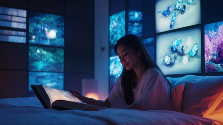 A woman reads a book in bed at night, surrounded by glowing images of underwater scenesの素材