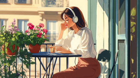 A woman enjoys coffee while listening to music on a balcony surrounded by blooming flowersの素材
