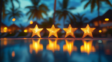 Decorative star-shaped candles illuminated by the poolside at dusk in a tropical paradiseの素材