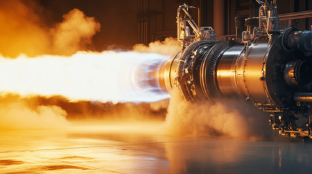 Powerful jet engine producing massive thrust in a testing facility during daylight hoursの素材