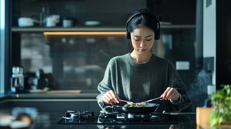 Woman cooking a healthy meal while listening to music in a modern kitchen at homeの素材