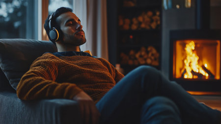 A man relaxes by the fireplace, enjoying music with headphones on a cozy evening at homeの素材