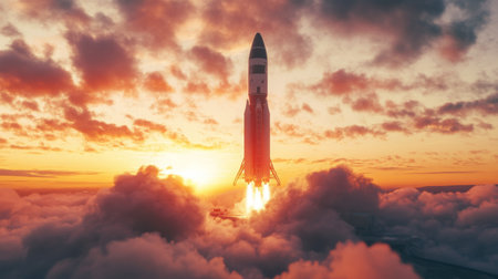 Rocket launch at sunset from a launchpad amidst dramatic clouds and sunlightの素材