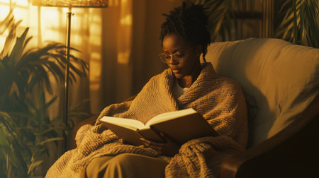 Cozy evening reading by warm light in a tranquil indoor space with lush greeneryの素材
