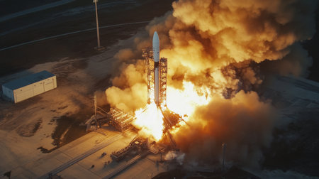 Powerful rocket launch creating massive cloud of smoke at launch facility during nighttimeの素材