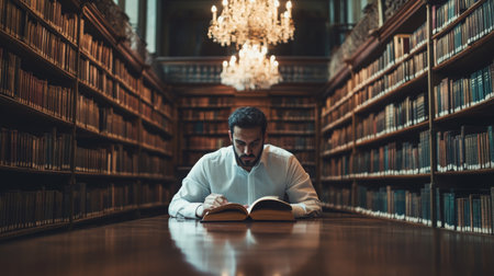 Man reading in an ornate library filled with books during the day under a chandelierの素材