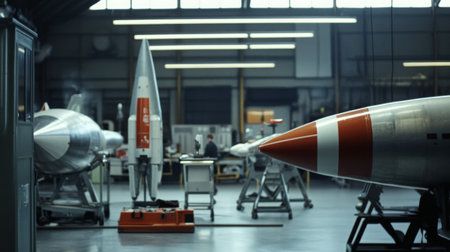 Innovative missile technology displayed in a high-tech aerospace facilityの素材