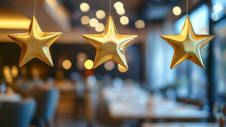 Hanging golden stars adorn a stylish restaurant with warm lighting and elegant decorの素材