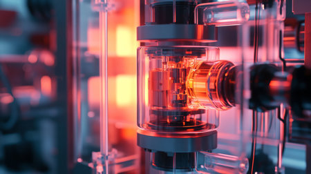 A close-up of glowing electronic components in a futuristic technological settingの素材