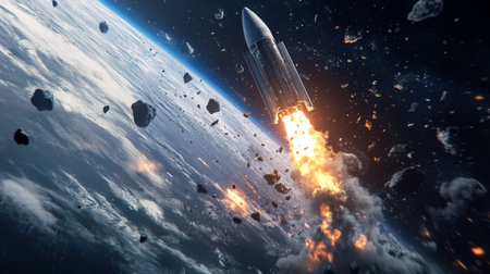 A rocket blasts off from Earth, leaving a trail of fire and debrisの素材