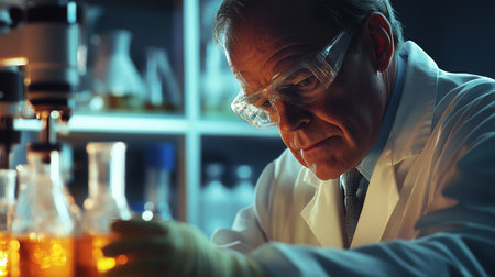 Scientist conducting experiments in laboratory at night with various glassware and liquidsの素材