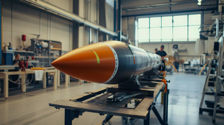 Military technology development featuring missile assembly in modern workshop environmentの素材