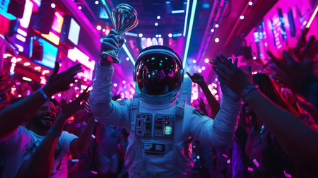 Astronaut celebrating triumphantly with a trophy at a vibrant event in a colorful venueの素材