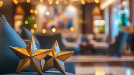 Decorative gold stars on a cozy couch in beautifully lit hotel lobby during evening hoursの素材