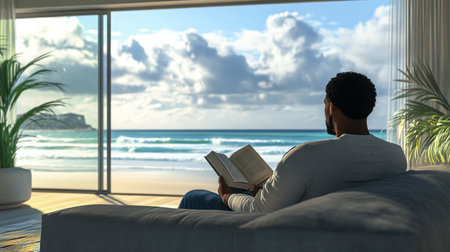 Relaxing reading time by the seaside in a cozy living room on a sunny dayの素材