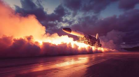 A missile launches into the sky during a test at duskの素材