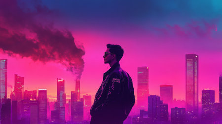 A silhouette of a man against vibrant city skyline at dusk with colorful clouds and smokeの素材