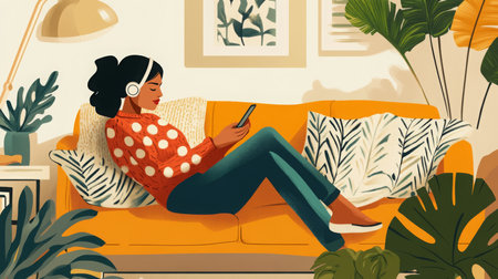 Young woman relaxing on yellow sofa while enjoying music in cozy, plant-filled living roomの素材