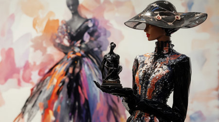 A mannequin in a black dress and hat holds a small sculpture before a vibrant paintingの素材