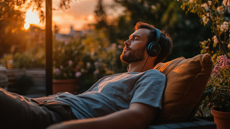 A man relaxing on a patio while listening to music during a sunset on a warm eveningの素材