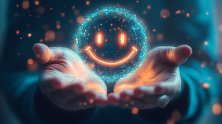 A glowing smiley face held between hands creates a whimsical atmosphere in a dark settingの素材