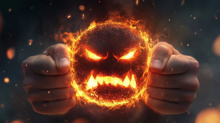 A fiery ball with an angry face is held tightly in two handsの素材