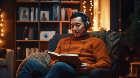 Man in orange sweater relaxes with a book and headphones in a cozy, well-lit living roomの素材