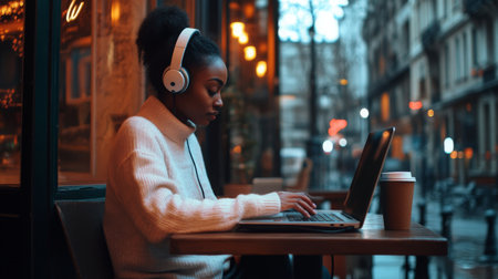 Young woman working on laptop in a cozy cafe during evening hours in a bustling cityの素材