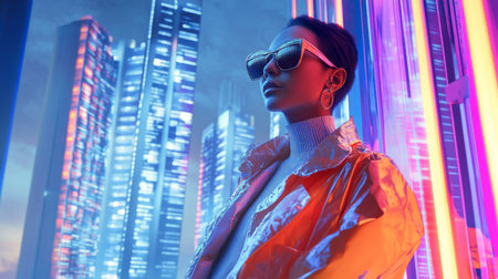 A woman in sunglasses looks out at the city lightsの素材