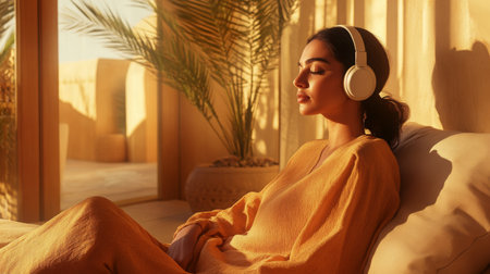Relaxing woman enjoying music in a sunlit indoor space with palm plants at duskの素材