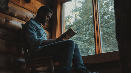 A young man reads a book while sitting by large window in a cozy log cabin during daylightの素材