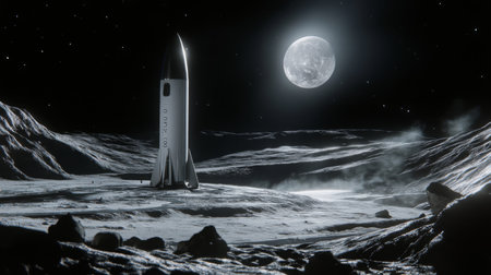 Rocket landing on the moons surface under a bright full moon in a starry night skyの素材