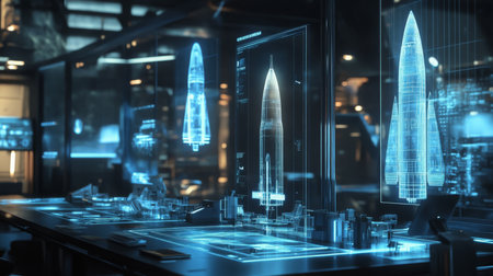 A futuristic control room displays holographic images of rocketsの素材