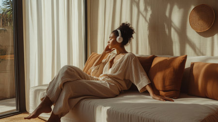 A young woman relaxing on a cozy sofa while listening to music in a sunlit living roomの素材