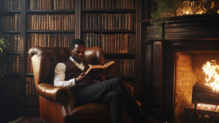 A cozy evening in a library with a man enjoying a book by the fireplaceの素材