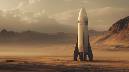 Rocket standing tall in a vast desert landscape under a dramatic sky at twilightの素材