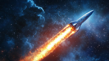 A rocket launches into space, leaving a bright trail of flames against a starry backgroundの素材