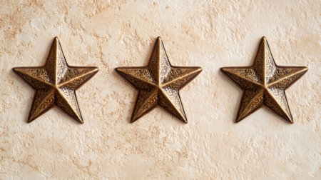 Metallic five-pointed stars arranged in a row on a textured wall backgroundの素材